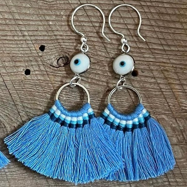 SariBlue® Shades of Mavi Tassel Earrings with Evil Eye