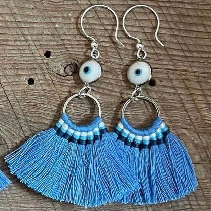 SariBlue® Shades of Mavi Tassel Earrings with Evil Eye