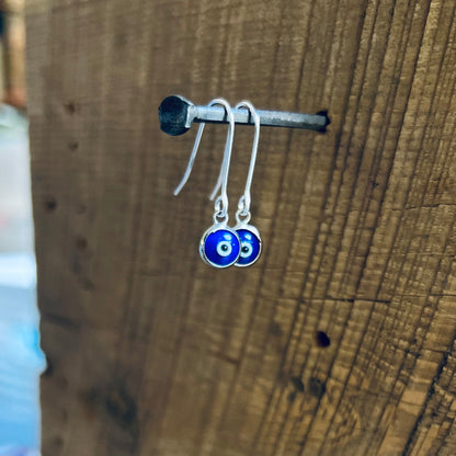 SariBlue® Mini Dark Blue Crystal Evil Eye Earrings on Petite Sterling Silver Hooks