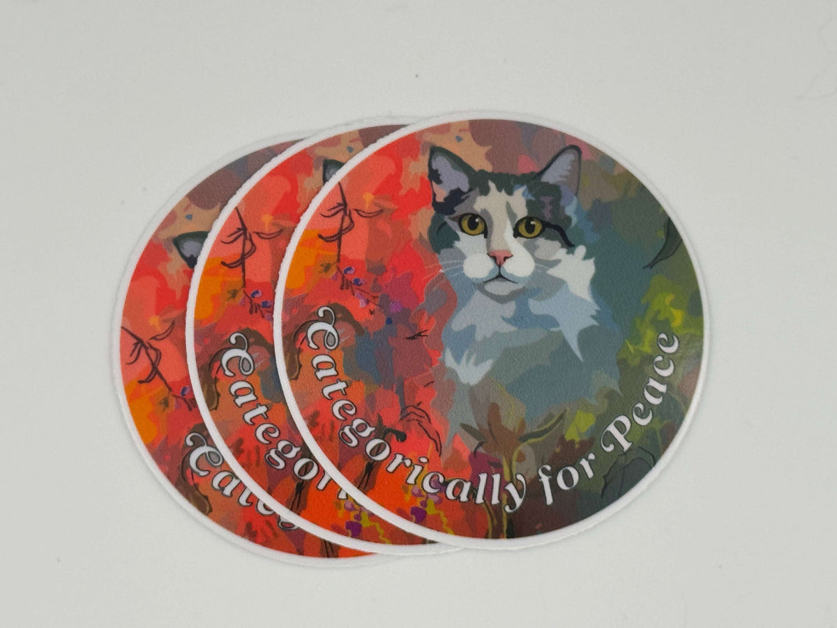 Colorful vinyl sticker featuring a cat with the phrase CATegorically for Peace.