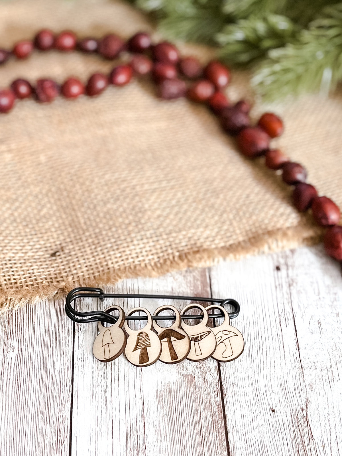 Wooden mushroom stitch markers