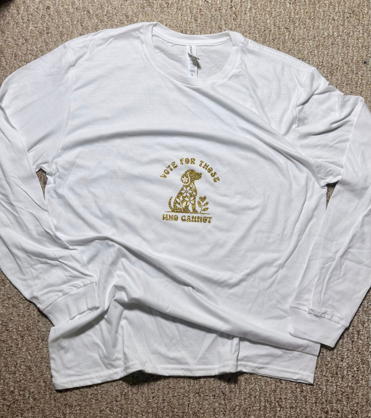 Vote for Those Who Cannot long sleeve t-shirt, white with gold glitter design