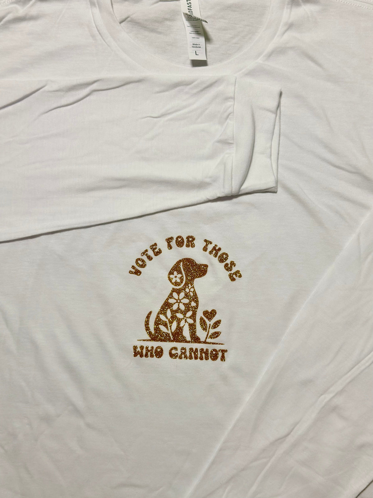 Vote for Those Who Cannot long sleeve t-shirt, white with gold glitter design