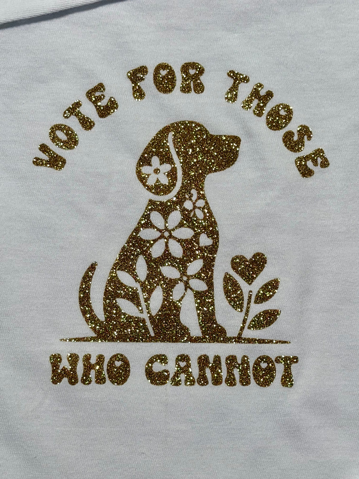 Vote for Those Who Cannot long sleeve t-shirt, white with gold glitter design