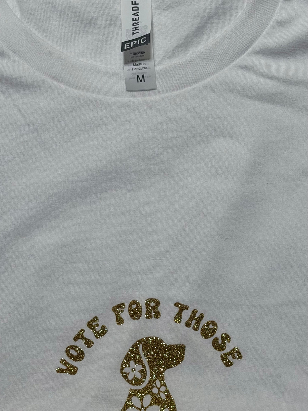 Vote for Those Who Cannot long sleeve t-shirt, white with gold glitter design