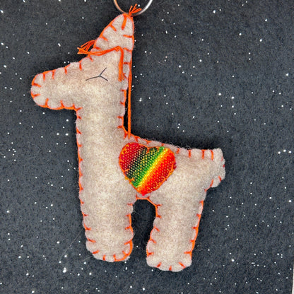 Adorable Felt Llama Ornament - oatmeal with Aguayo heart