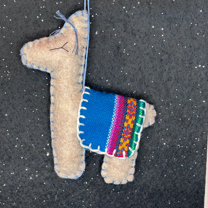Adorable Felt Llama Ornament - oatmeal with Aguayo blanket
