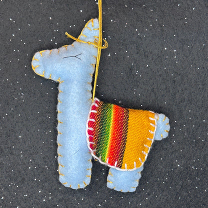 Adorable Felt Llama Ornament - blue with Aguayo blanket