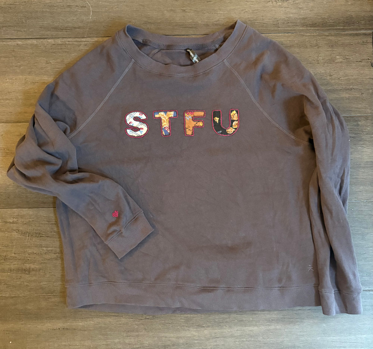 "STFU" Hand Embroidered Reverse Appliqué Raglan Sweatshirt, Customizable
