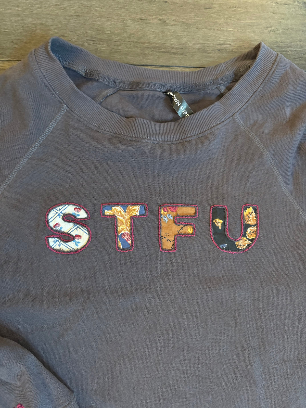 "STFU" Hand Embroidered Reverse Appliqué Raglan Sweatshirt, Customizable