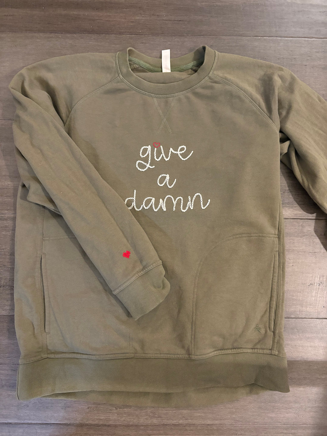 "Give a Damn" Hand Embroidered Cotton Pocket Sweatshirt, Customizable