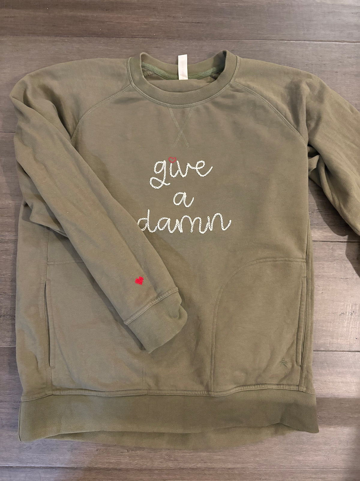 "Give a Damn" Hand Embroidered Cotton Pocket Sweatshirt, Customizable