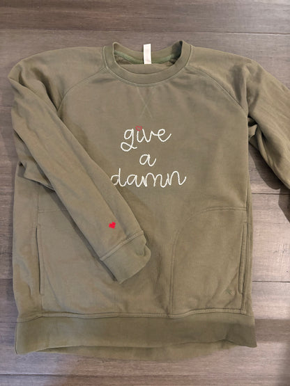 "Give a Damn" Hand Embroidered Cotton Pocket Sweatshirt, Customizable