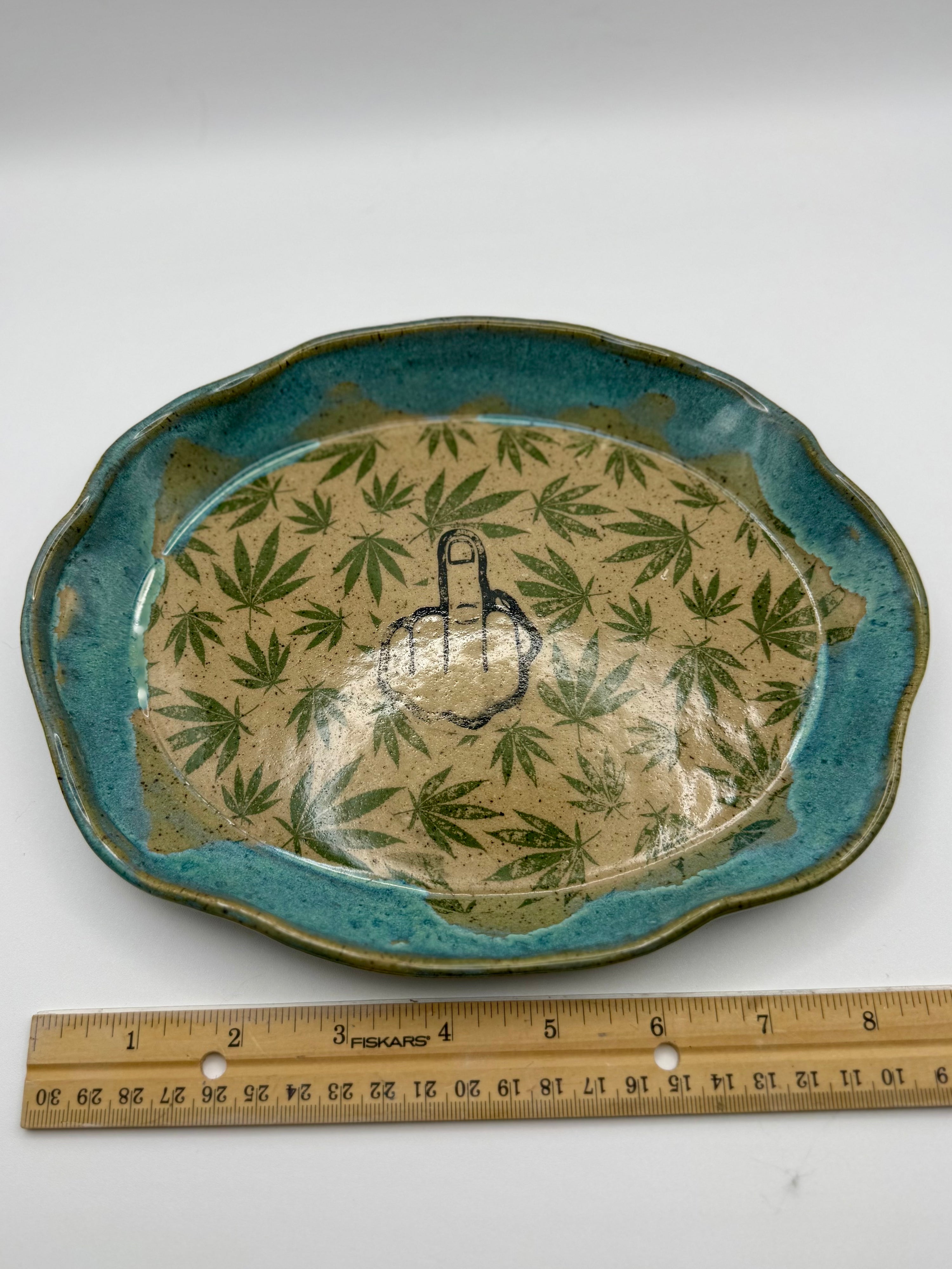 Stoneware Tray - middle finger and weed leaves