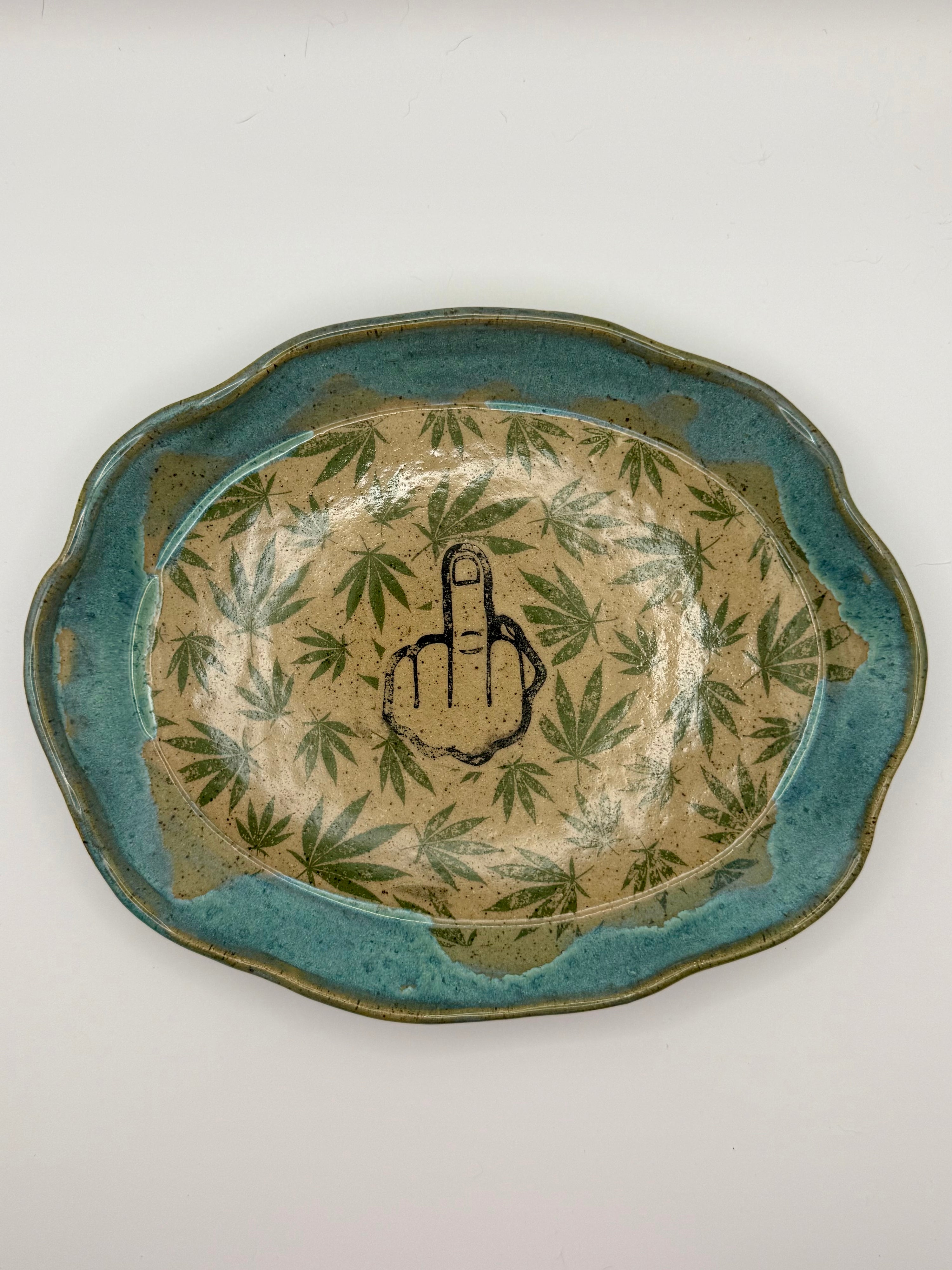 Stoneware Tray - middle finger and weed leaves
