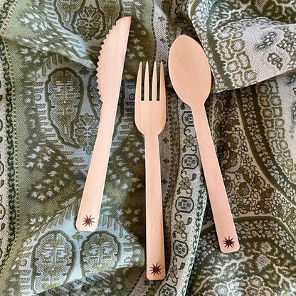 Bamboo Cutlery Set | Compostable | 8 Forks 8 Knives 8 Spoons