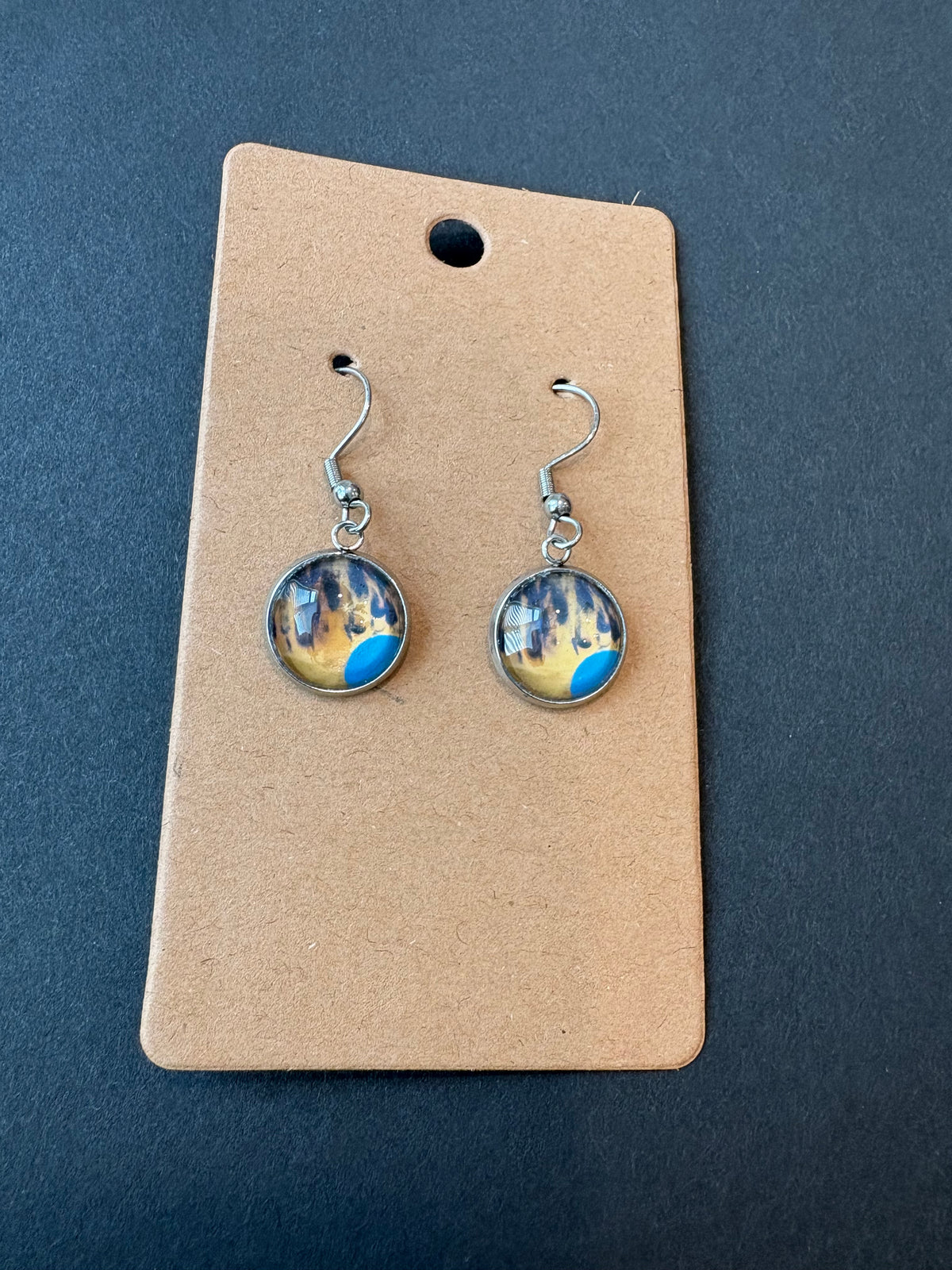 Dangly Stainless Steel Earrings with abstract blue and gold