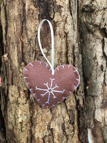 Snowflake on brown felt heart Christmas ornament