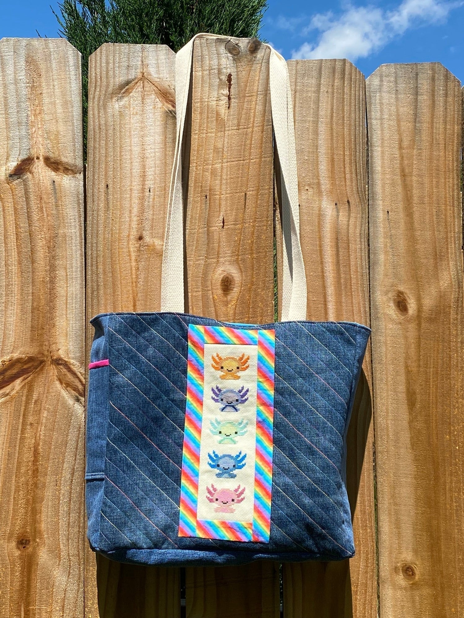 Axolotl Upcycled Denim Tote Bag