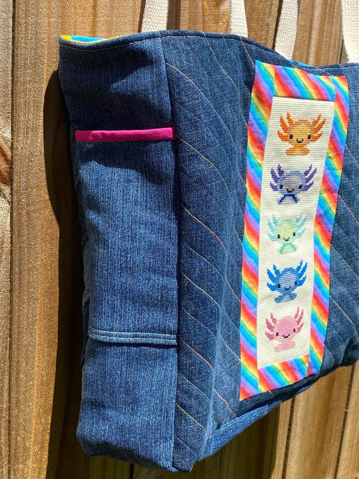 Axolotl Upcycled Denim Tote Bag