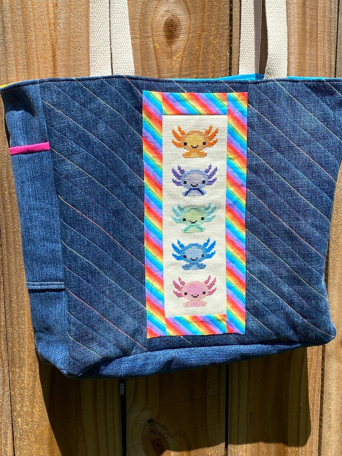 Axolotl Upcycled Denim Tote Bag