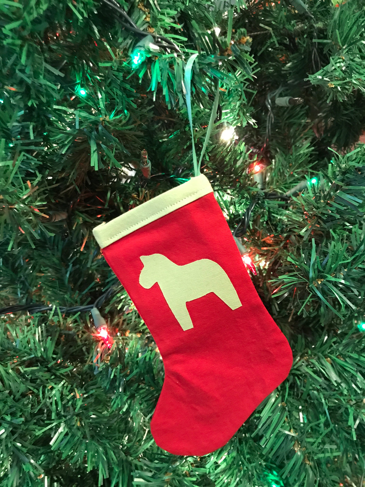 Dala Horse mini-stocking ornaments - red with green dala