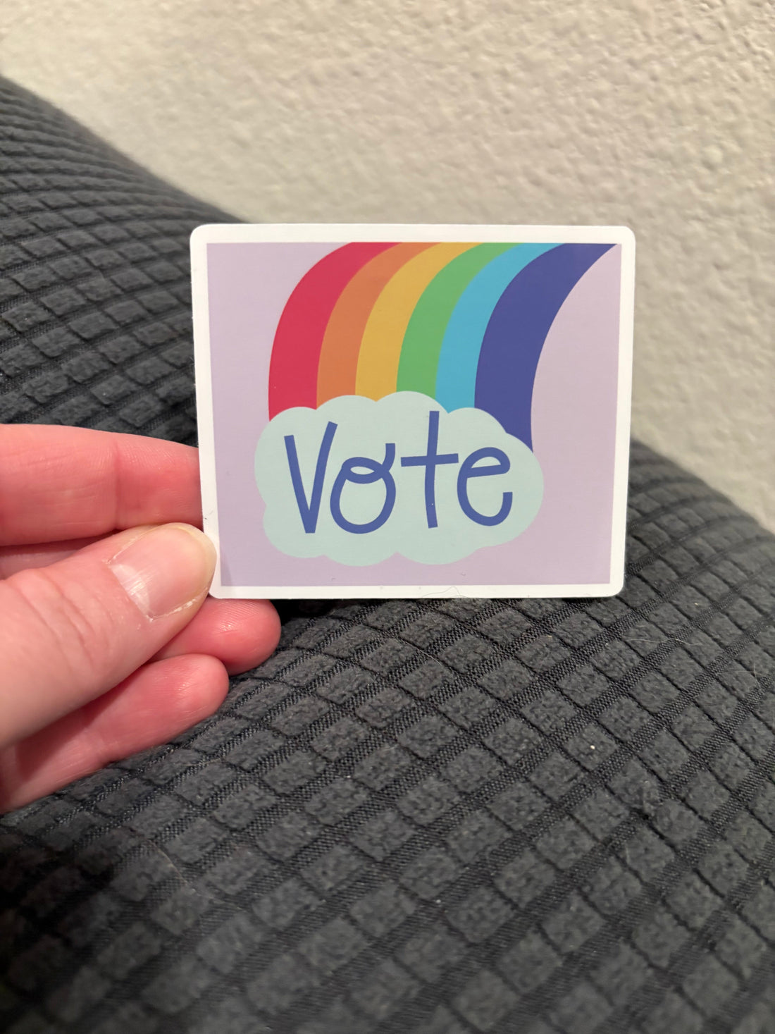 Vote, glossy sticker with a rainbow and cloud