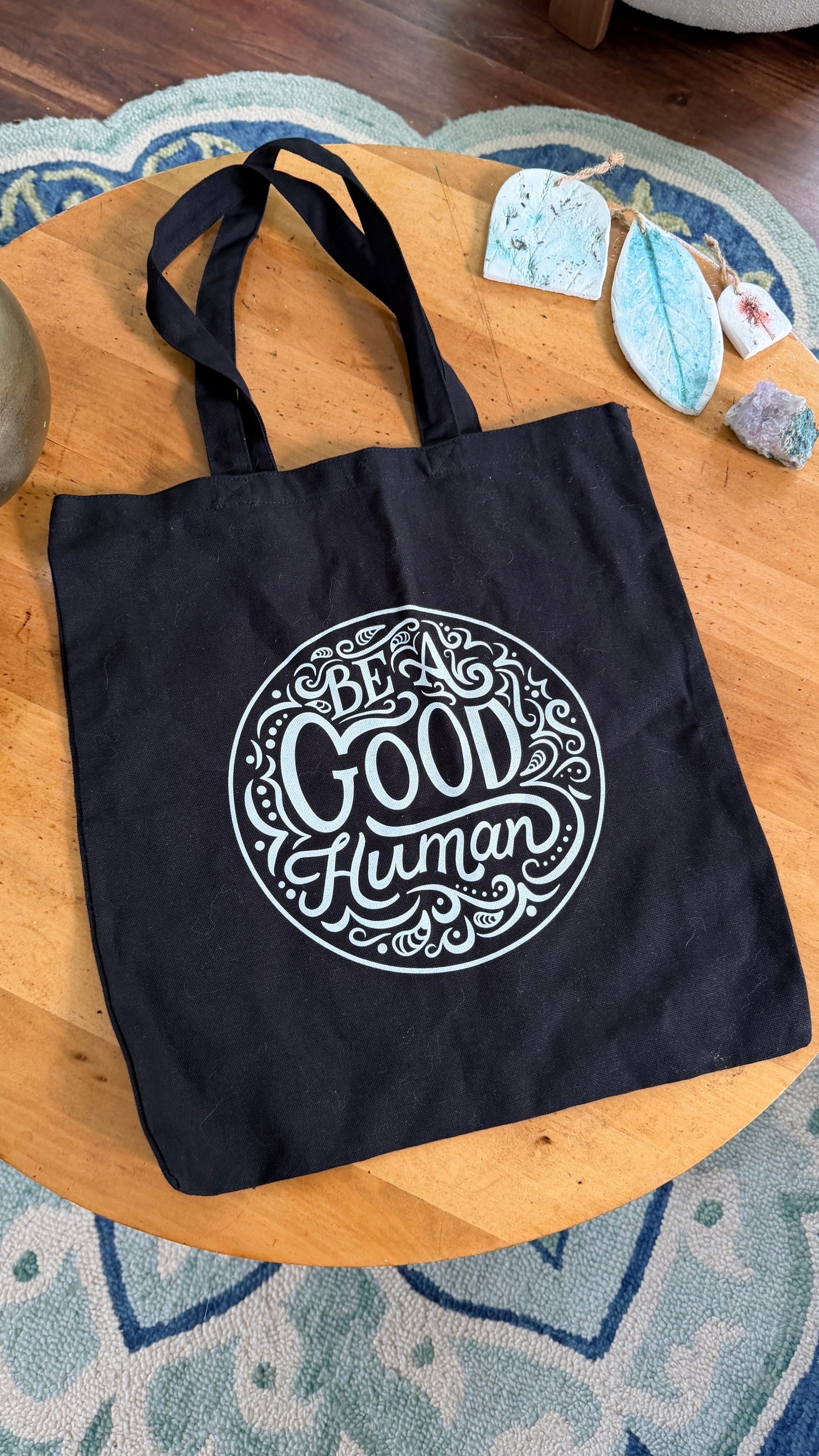 Be a Good Human Gift Set — Canvas Tote Bag + Holographic Sticker + Button | Inspirational Bundle