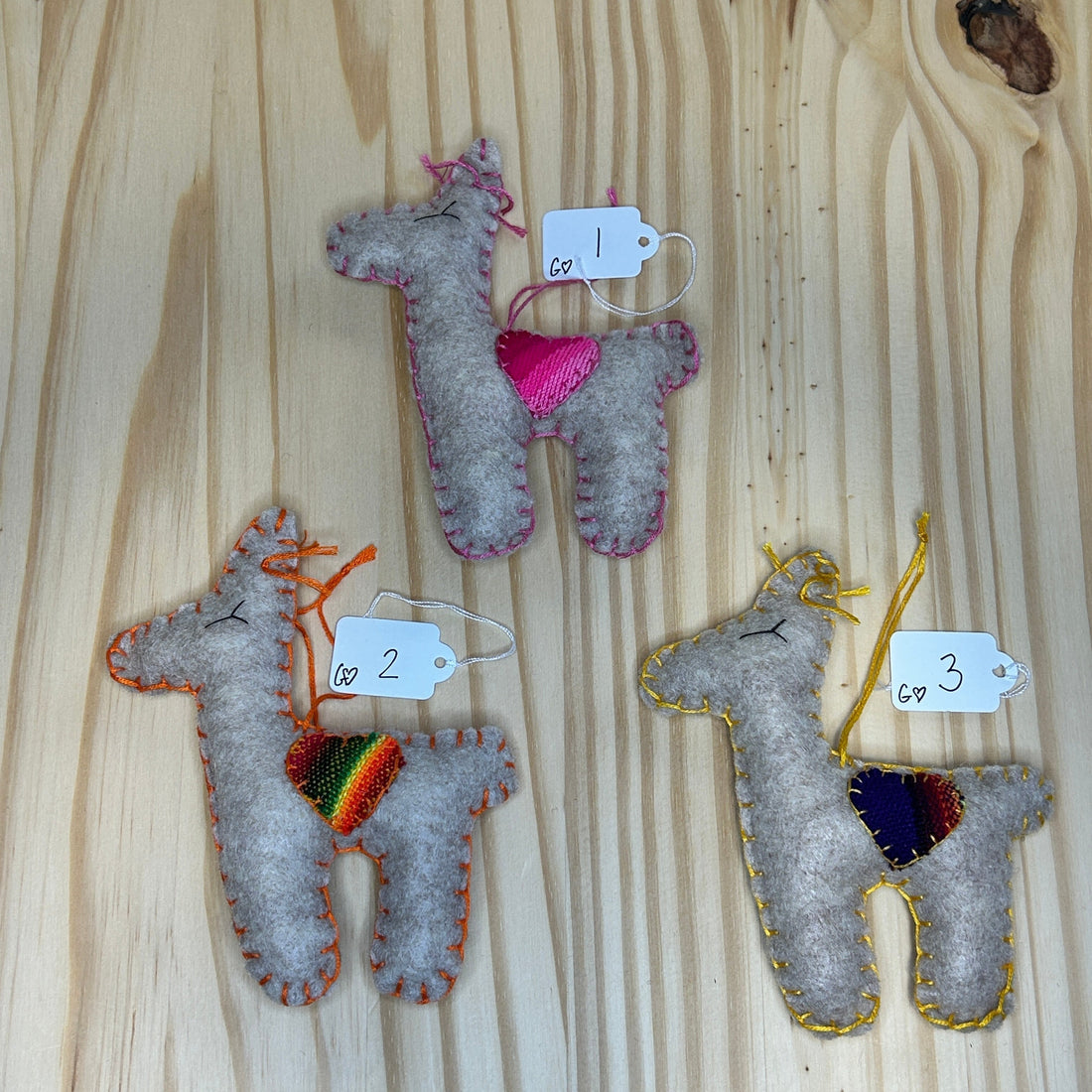 Adorable Felt Llama Ornament - oatmeal with Aguayo heart