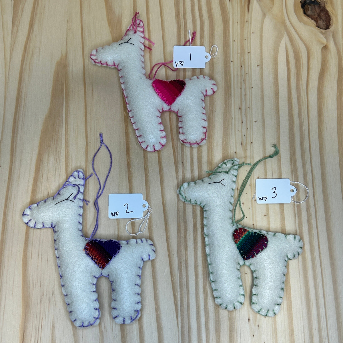 Adorable Felt Llama Ornament - white with Aguayo heart