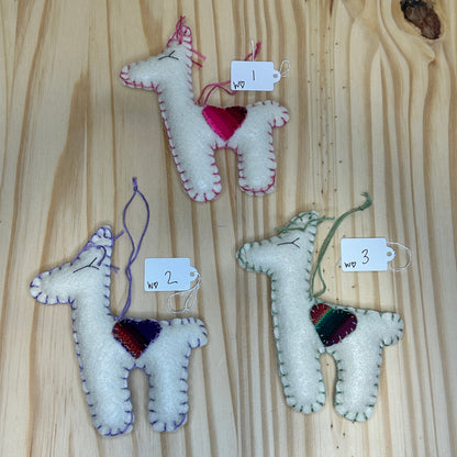 Adorable Felt Llama Ornament - white with Aguayo heart