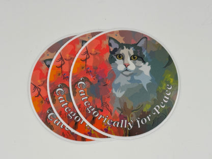 Colorful vinyl sticker featuring a cat with the phrase CATegorically for Peace.