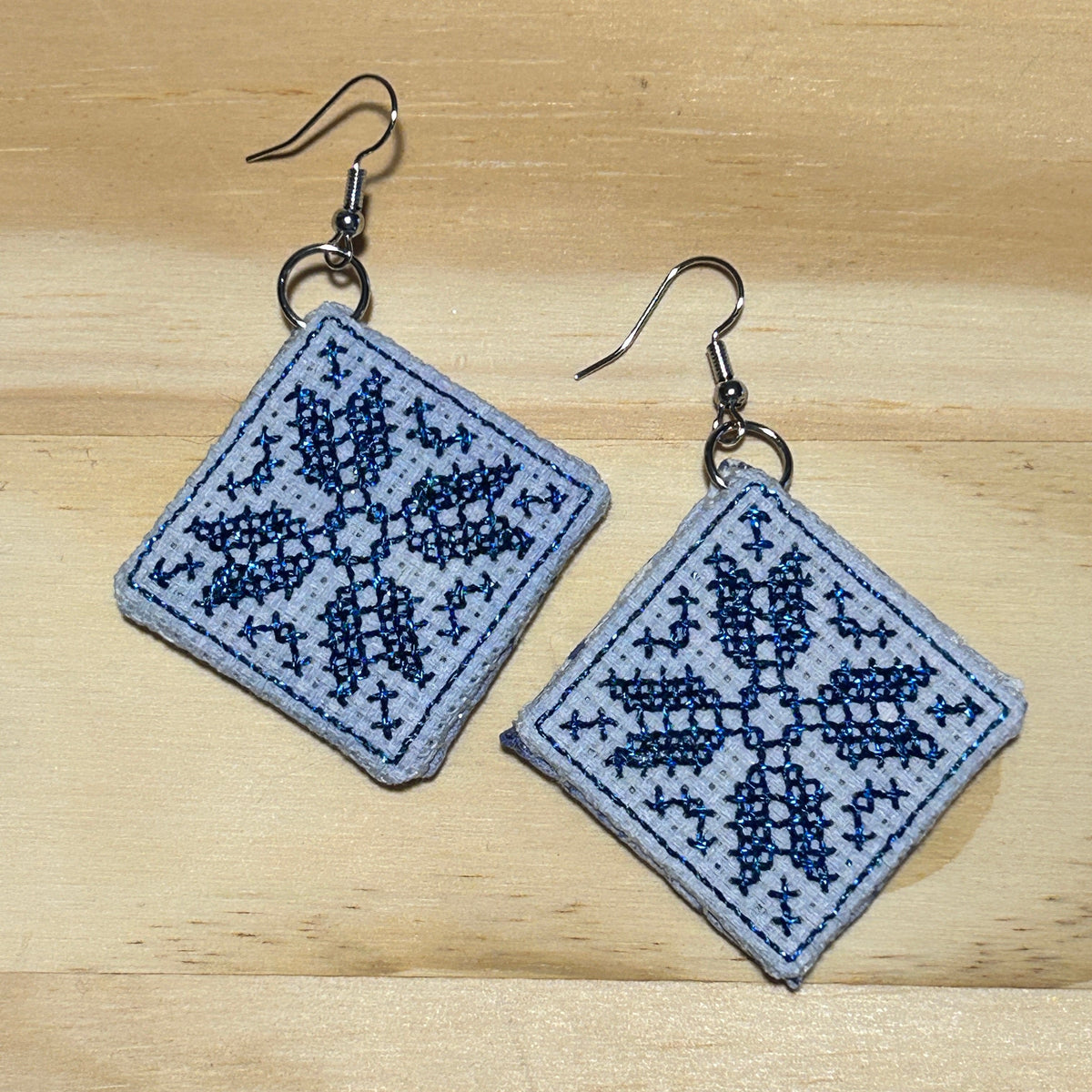 Scandi Snowflake Earrings - blue metallic on light blue