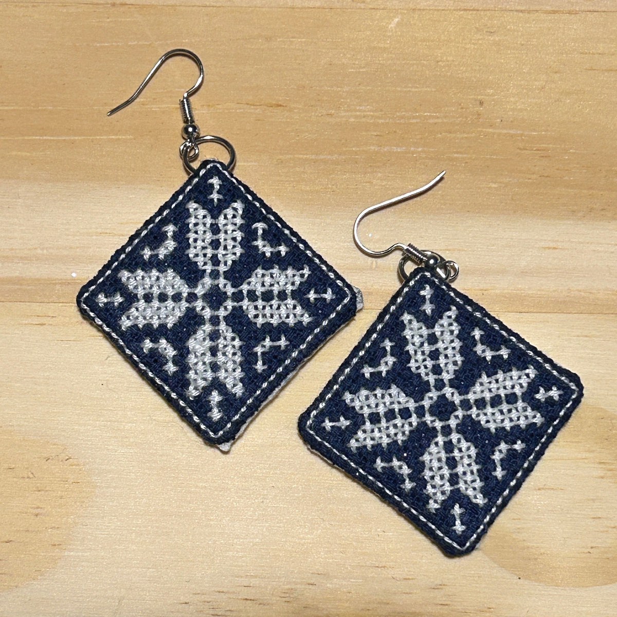 Scandi Snowflake Earrings - white on dark blue