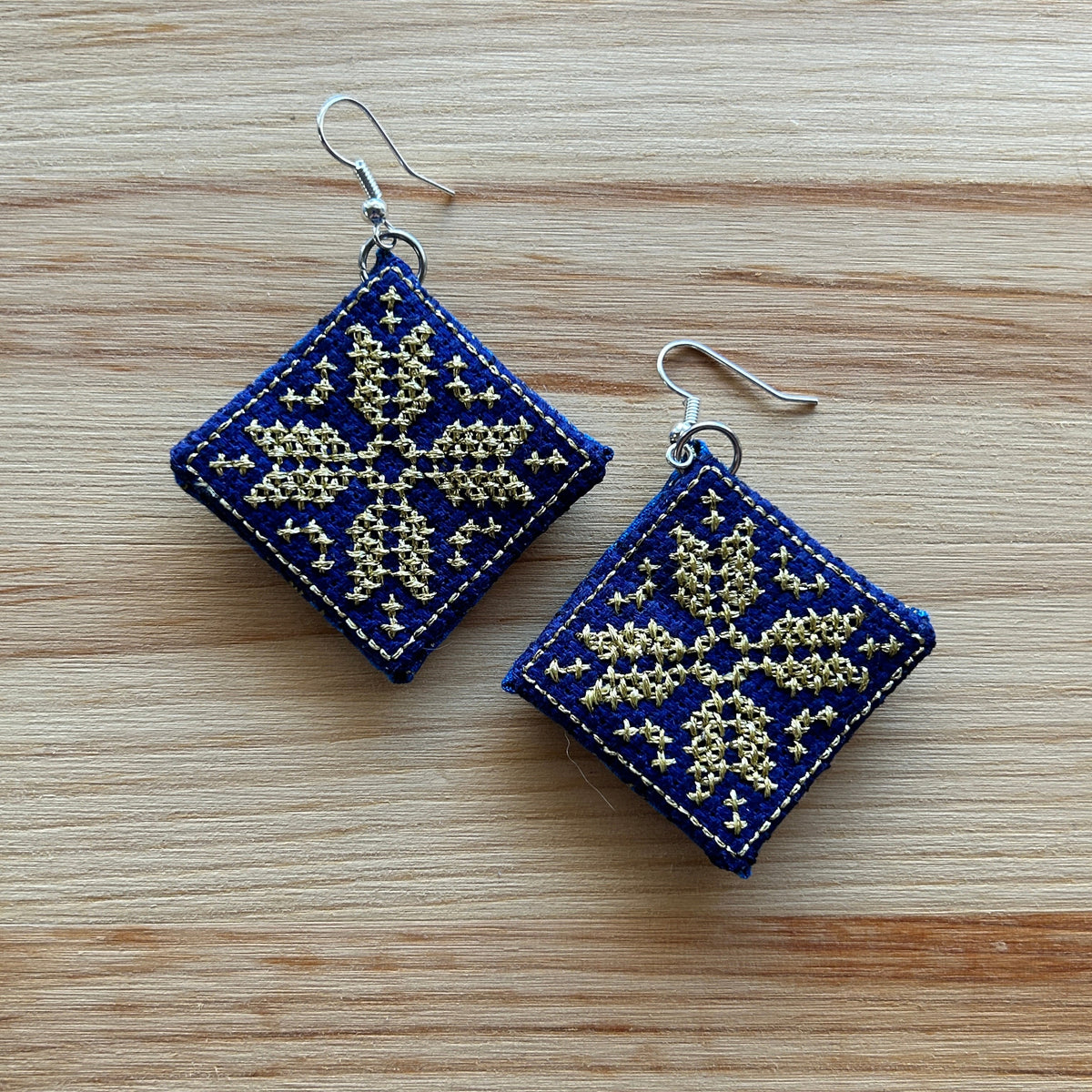 Scandi Snowflake Earrings- gold on dark blue