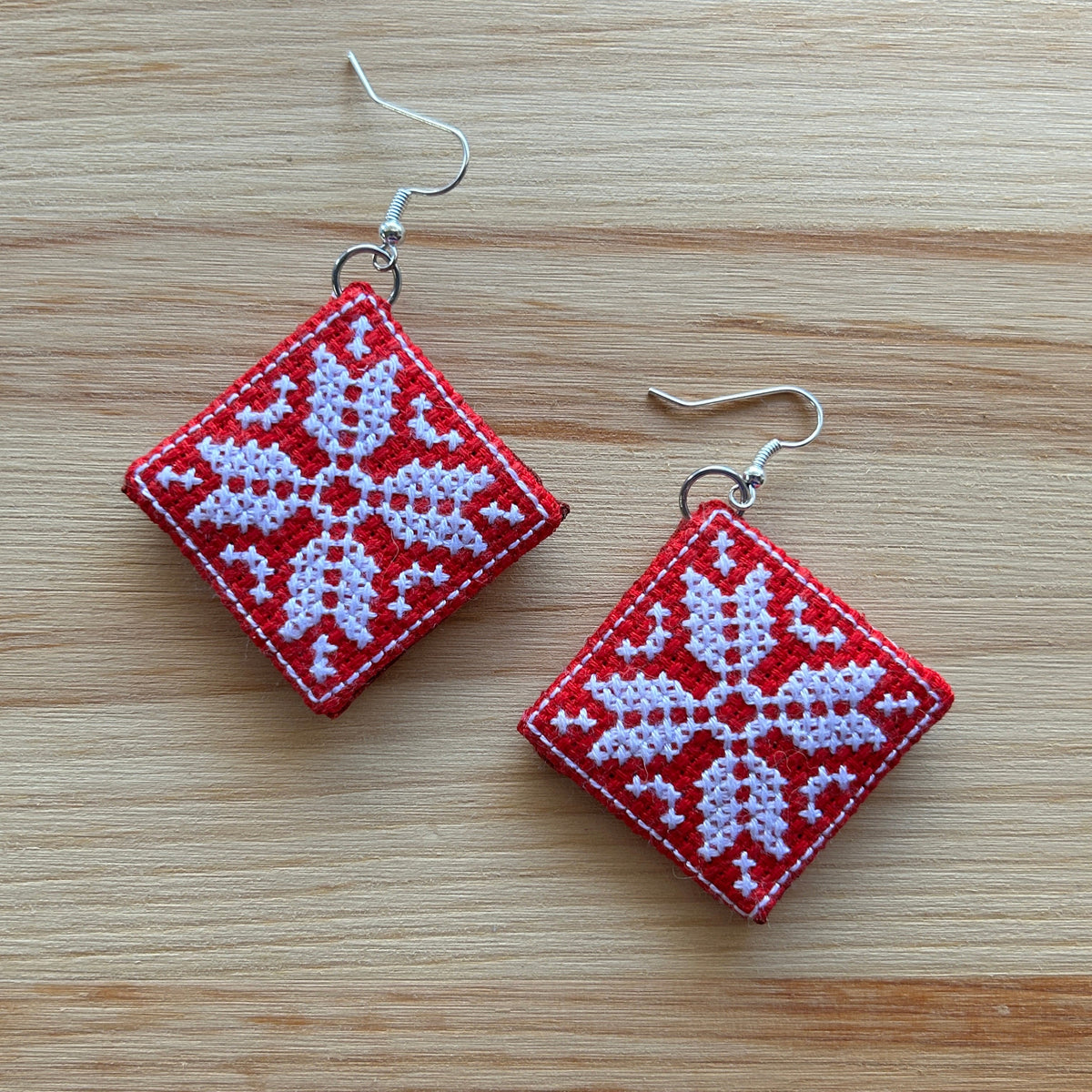 Scandi Snowflake Earrings - white on red