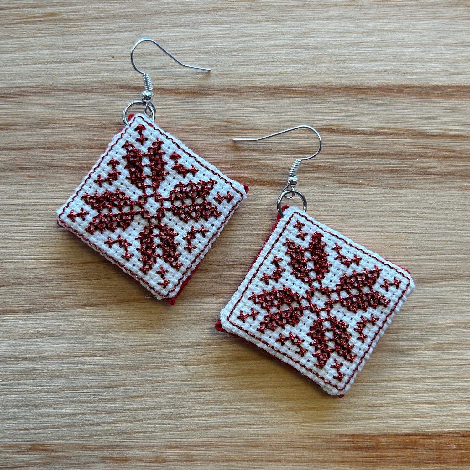 Scandi Snowflake Earrings - red metallic on white