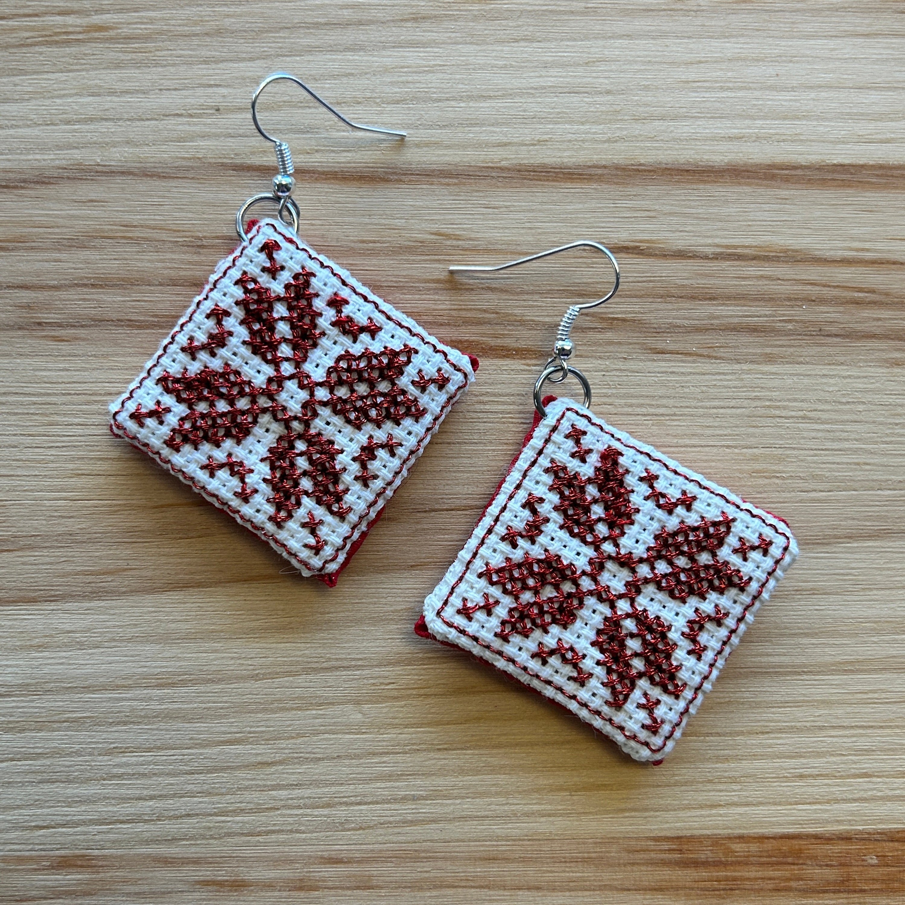 Scandi Snowflake Earrings - red metallic on white