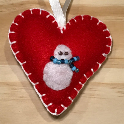 Snowman on red felt heart Christmas ornament