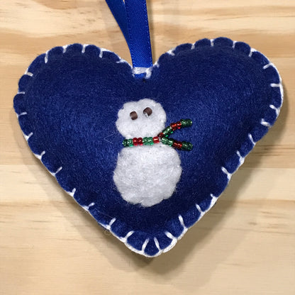 Snowman on blue felt heart Christmas ornament