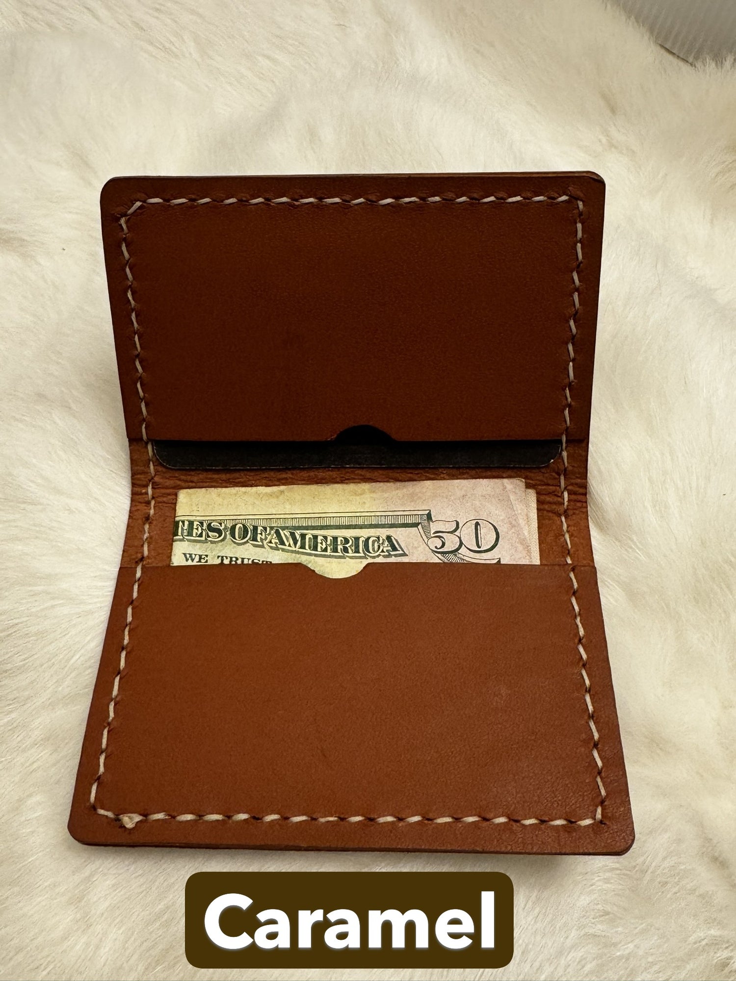 Handmade Folding Leather Card Wallet with Two Pockets Holding Six Cards or More plus Cash