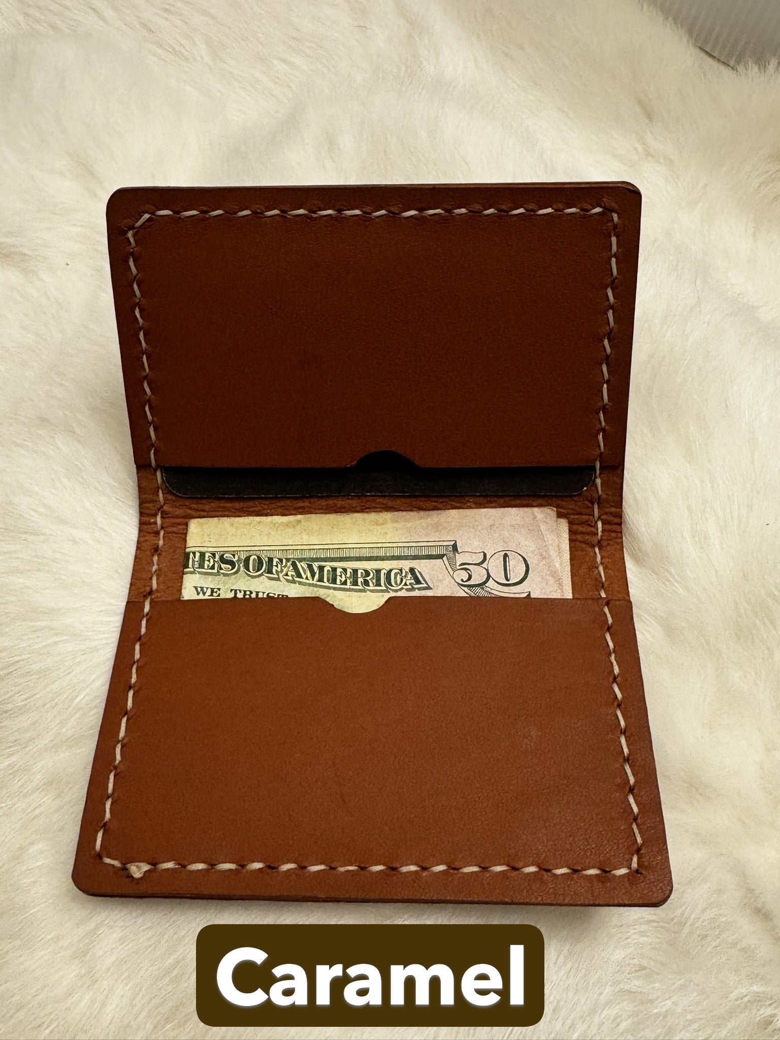 Handmade Folding Leather Card Wallet with Two Pockets Holding Six Cards or More plus Cash
