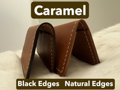 Handmade Folding Leather Card Wallet with Two Pockets Holding Six Cards or More plus Cash