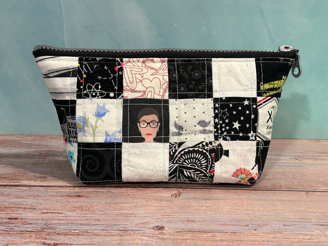 Scrappy patchwork zippered bag -  small black and white