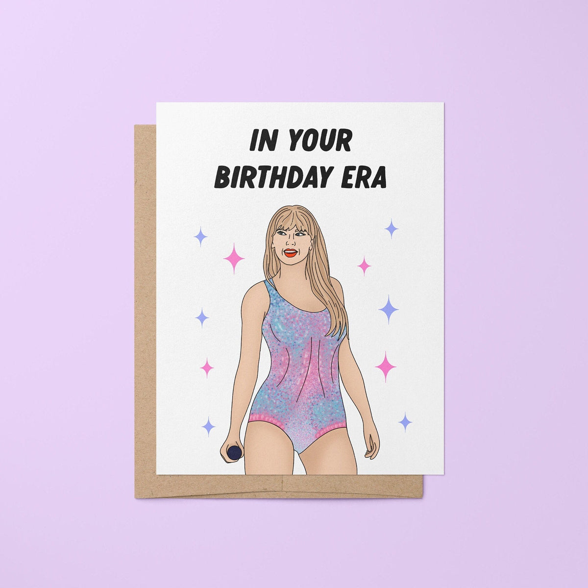 In Your Birthday Era greeting card — hand lettered birthday greeting with stars and a pastel portrait illustration, 4.25 x 5.5 in folded, by MangoIllustrated