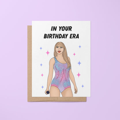 In Your Birthday Era greeting card — hand lettered birthday greeting with stars and a pastel portrait illustration, 4.25 x 5.5 in folded, by MangoIllustrated