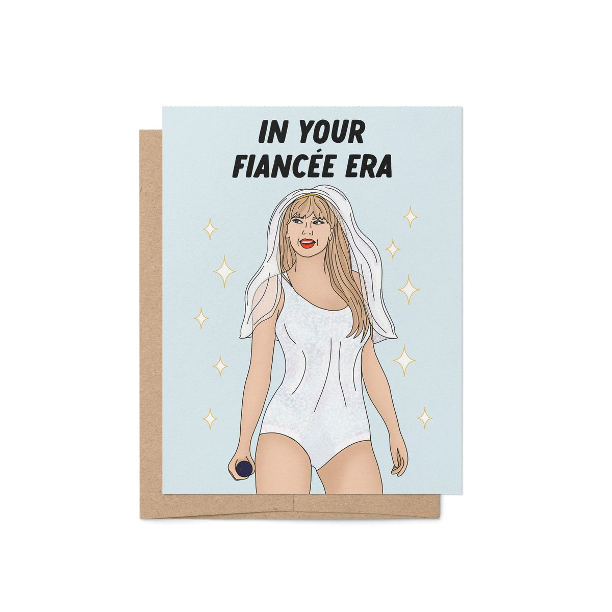 In Your Fiancee Era card — illustrated figure in a sparkling white outfit with a bridal veil and microphone, 4.25 x 5.5 in A2, by MangoIllustrated