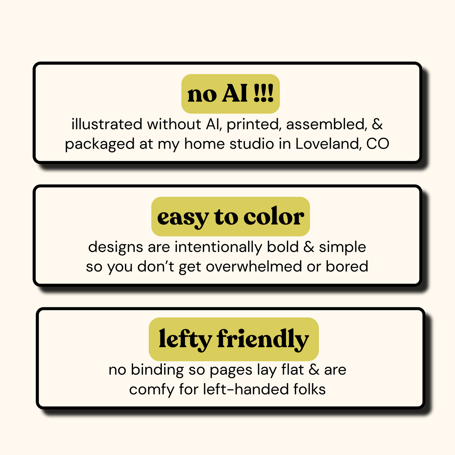 Describes product features: No, AI, easy to color, and lefty friendly.