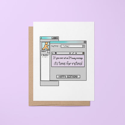 Instant message birthday card — hand lettered greeting inside an illustrated away message window with a buddy list, 4.25 x 5.5 in folded, by MangoIllustrated