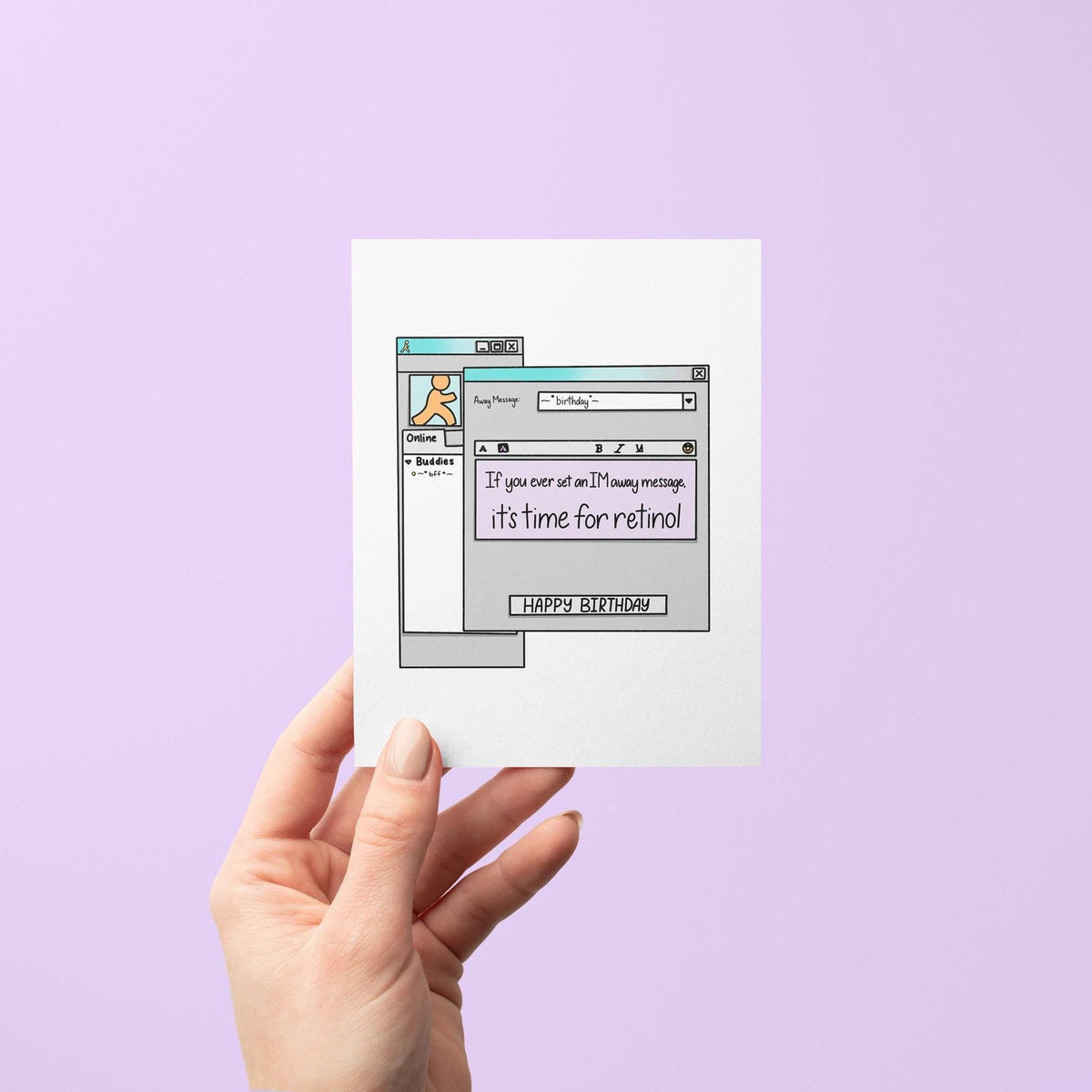 Instant message birthday card flat lay — nostalgic millennial birthday card by indie artist MangoIllustrated